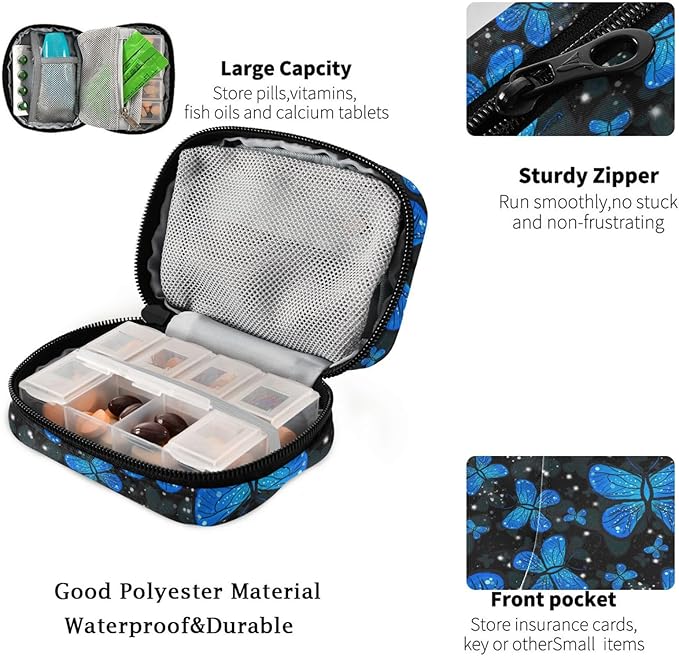 Fustylead Blue Butterfly with Night Gradient Color Pill Organizers 2 Times A Day Pill Case Bag with Zipper Portable Weekly Pill Dispensers for Vitamin Supplement