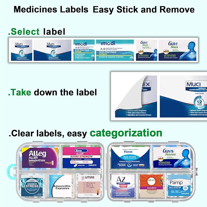 Pill Organizer Medicine Organizer Travel Essentials - Travel Pill Case with Labels, Large Daily Medicine Dispenser