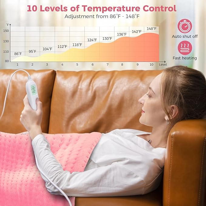 NOWWISH Heating Pad for Back Pain Relief & Period Cramps, 12x24 Inches Electric Heating Pad with 10 Heat Settings, Timer and Auto Shut-Off, Machine Washable, Mothers Day Gifts for Mom Women, Pink