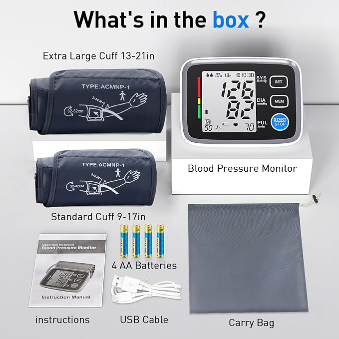 Upper Arm Blood Pressure Monitor for Home Use 2 Cuff Sizes, 9-17'' & 13-21''Extra Large BP Cuff Automatic Digital Blood Pressure Machine 2 Users 180 Memories USB Cable 4 AA Batteries