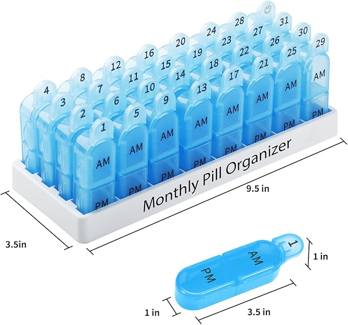 Daviky Monthly Pill Organizer 2 Times a Day, 30 Day Pill Box AM PM with Separate Container, One Month Medicine Case Twice a Day to Hold Vitamins, Supplements and Medication (Blue)