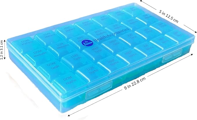 Spanish Pill Box 7 Day Four Times a Day Weekly Pill Planner Organizer - Large Compartment Pill Boxes Store medications for Entire Week. Cuatro veces al día Durante UNA semana.