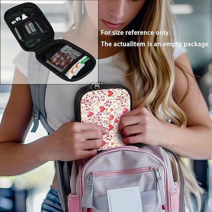 Heart Print Travel Medicine Case Leaves Weekly Pill Organizer Box Washable Small Vitamin Storage Bag Portable Supplement Holder with Zipper