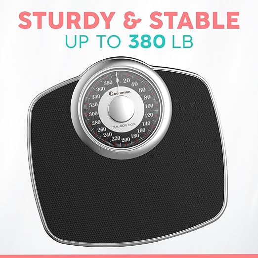 Adamson A25 Scales for Body Weight - Up to 400 LB - New - 5.3" Dial on 12.4" x 10.2" Platform - Anti-Skid Rubber Surface - Bathroom Scale Analog - Durable with 20-Year Assurance - Silver