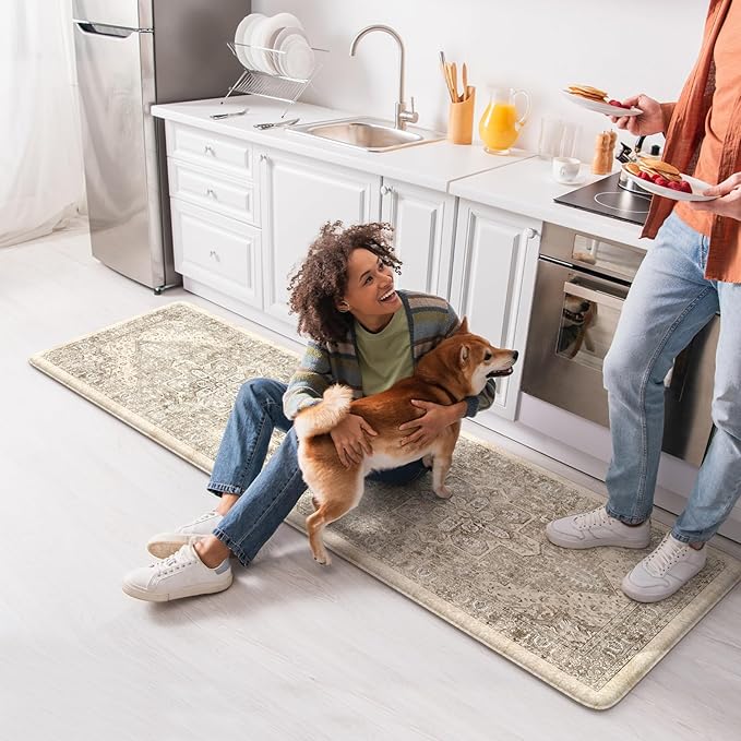 KIMODE Anti Fatigue Kitchen Mats for Floor, 20"x71" Boho Oriental Kitchen Rug, Padded Kitchen Floor Mats Non Slip, Cushioned Standing Mats for Front of Sink Laundry Desk Bedroom Khaki