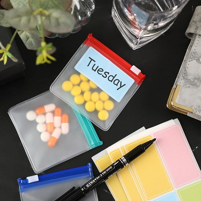 MARFOREVER 39 Pcs Pill Pouch Bags Set - Pill Bags Travel Pill Organizer Reusable Medicine Organizer Pills Storage Pouches Self Sealing 28 Pcs Plastic Medicine Bags 10 Sheets Labels and 1 Pc Marker