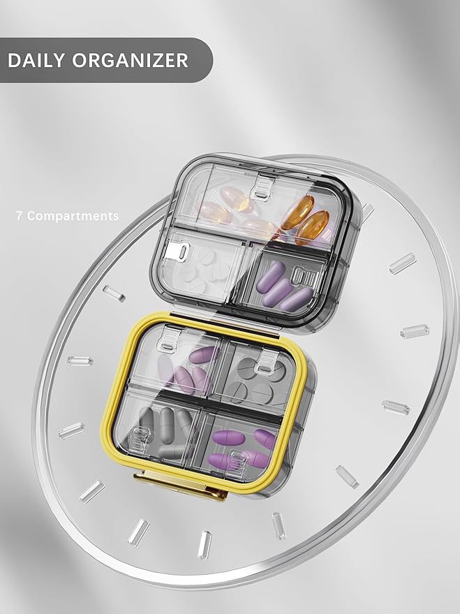 Travel Pill Organizer, 7 Compartments Pill Box, Daily Portable Pill Case to Hold Vitamins, 2 Pack Small Pill Container for Pocket Purse Medicine Organizer