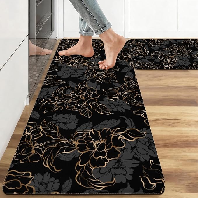 Anti Fatigue Black Kitchen Rugs Set of 2, Gold Flower Kitchen Mats for Floor, Floral Kitchen Decor, Anti-Slip Foam Standing Mat, 17x30 Inch Sink Mat + 17x48 Inch Runner Rug