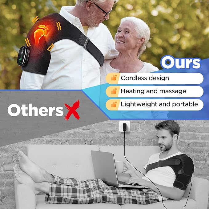 Cordless Shoulder Heating Pad, Heated Shoulder Wrap with Massage, Heated Shoulder Brace, Shoulder Massager for Pain Relief Deep Tissue (Black)