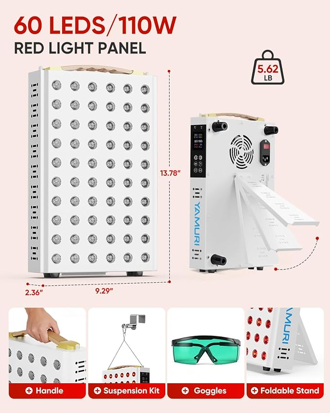 Red Light Therapy for Face, 660nm 850nm Near-Infrared Light Therapy Panel for Body, 110W with 60 Dual Chip LEDs, 135mW/cm² High Irradiance Device for Daily Wellness & Relaxation at Home - YA60