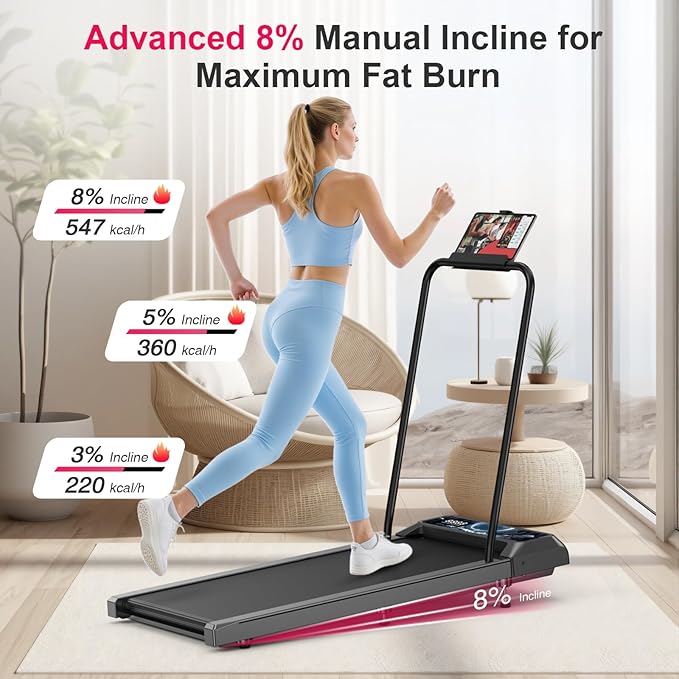 Walking Treadmill Pad with Incline - Portable Under Desk Treadmill, Walking Mat Pad with Handle Bar, 2.5HP Low Noise, 2 in 1 Treadmills for Home Office