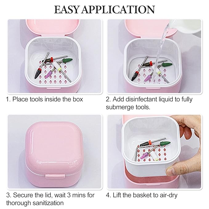 1Pc Plastic Nail Tool Sterilizer Box Nail Drill Bits Cleaning Box Polishing Tools Soaking Tray Manicure Pedicure Storage Container Case - Pink (Pink, 3.15“x3.15“x2.75“)