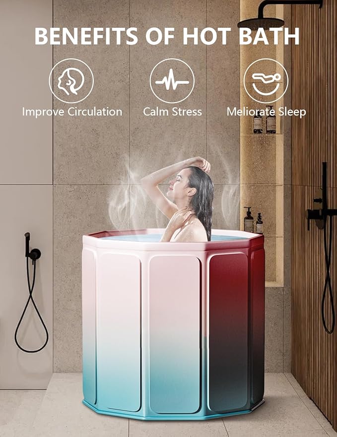 Portable Bathtub for Adults, Collapsible Freestanding Bathtub for Shower, Hot Ice Bath Tubs with Thickened Thermal Foam to Keep Temperature, PVC Outdoor Soaking Tub (Blue-pink Gradient)