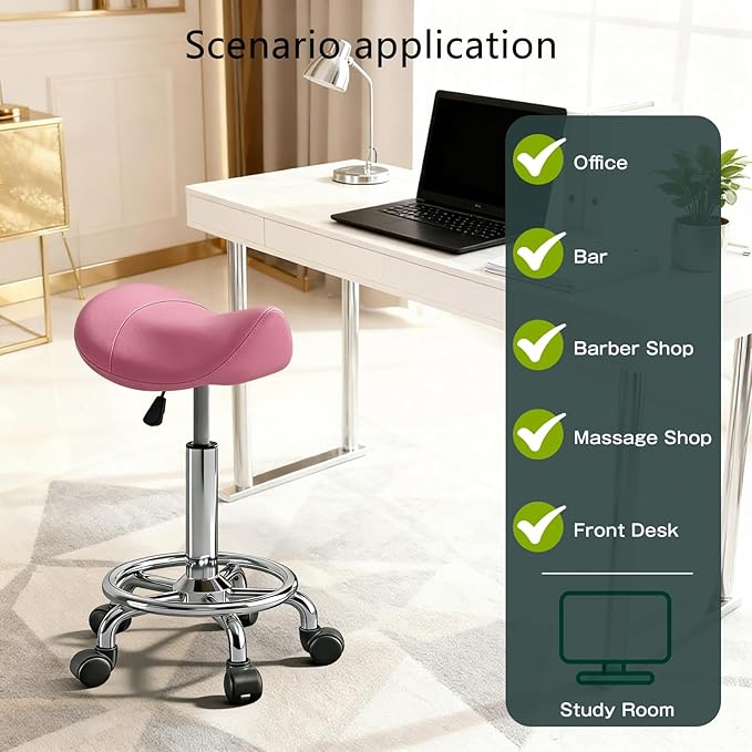 Saddle Stool with Wheels, Adjustable Rolling Stool Chair with Back Support, Ergonomic PU Leather Saddle Chair for Salon, Massage, Tattoo, Medical, Spa, Office (Pink, 1PCS)