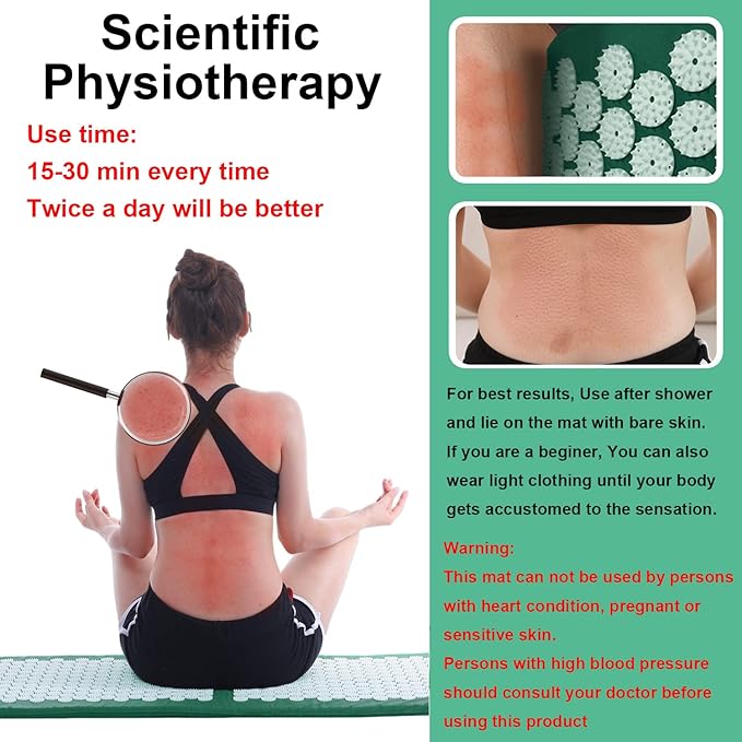 XiaoMaGe Acupressure Mat and Pillow Set with Bag - Extra Long Acupuncture Mat for Neck & Back Pain Relief- Naturally Relaxation Gift for Women - Stress Relief Massage Mat (Green)