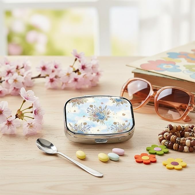 Square Pill Case Small Pill Box with Mirror Pocket 2 Compartment Vitamin Pill Medicine Case Organizer Pill Containers for Traveling