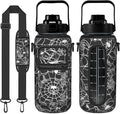 Halloween Half Gallon Water Bottle with Sleeve - Flip Top Bpa Free 64 OZ - Motivational Time Marker Leakproof Water Jug - Gothic Witchy Gifts for Women - Spider Web for Gifts