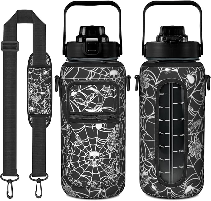 Halloween Half Gallon Water Bottle with Sleeve - Flip Top Bpa Free 64 OZ - Motivational Time Marker Leakproof Water Jug - Gothic Witchy Gifts for Women - Spider Web for Gifts