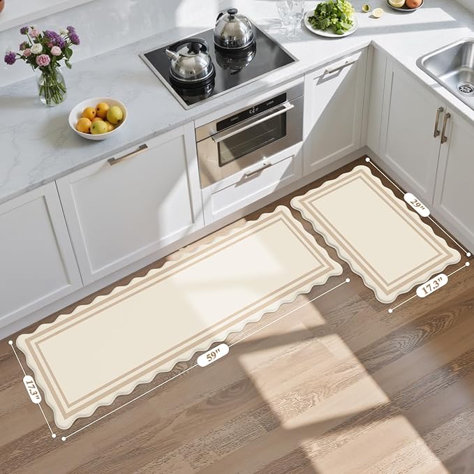 KIMODE Anti Fatigue Kitchen Mats, Beige Boho Kitchen Rugs, Padded Kitchen Mat for Floor, Comfort Standing Desk Mat, Cushioned Kitchen Mats for Floor 2 Piece for Laundry Office Sink 17"x59"+17"x29"