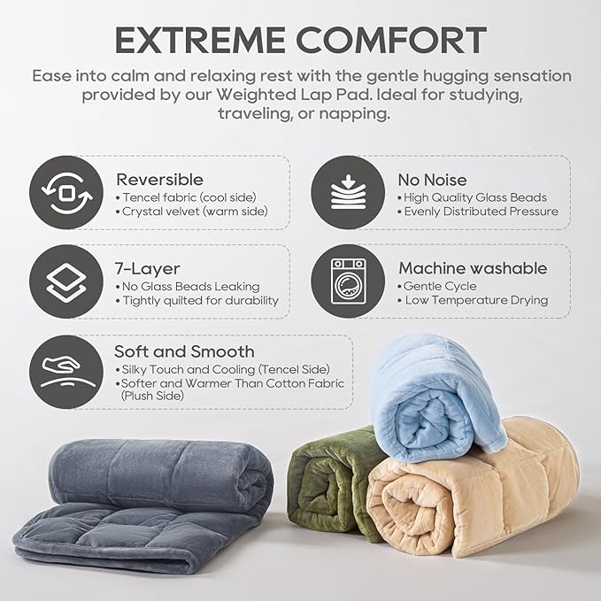 Weighted Blanket 7lbs for Adults (Double-Sided), Small Weighted Lap Pad with Reversible Warm Crystal Velvet and Cooling Tencel, Weighted Throw for Travel, Relaxationf|Machine Washable, Grey, 29" x 24"