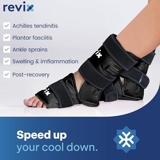 REVIX Ice Packs for Ankle Injuries Reusable, Ankle Ice Wrap with Cold Compression for Feet Pain Relief, Plantar Fasciitis and Achilles Tendonitis, Soft Plush Lining, 2 Packs, Black