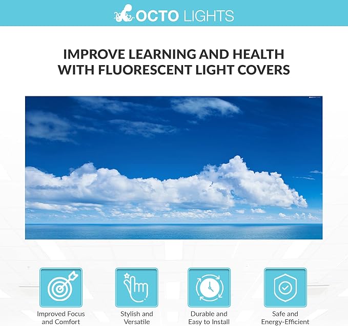 OCTO LIGHTS Fluorescent Light Covers Cloud Sky Panel for Ceiling Lights, Light Covers for Ceiling Lights Classroom 2x4 (22.38"x46.5") Backlit Film Insert for Fluorescent Light Fixtures (Pack of 1)