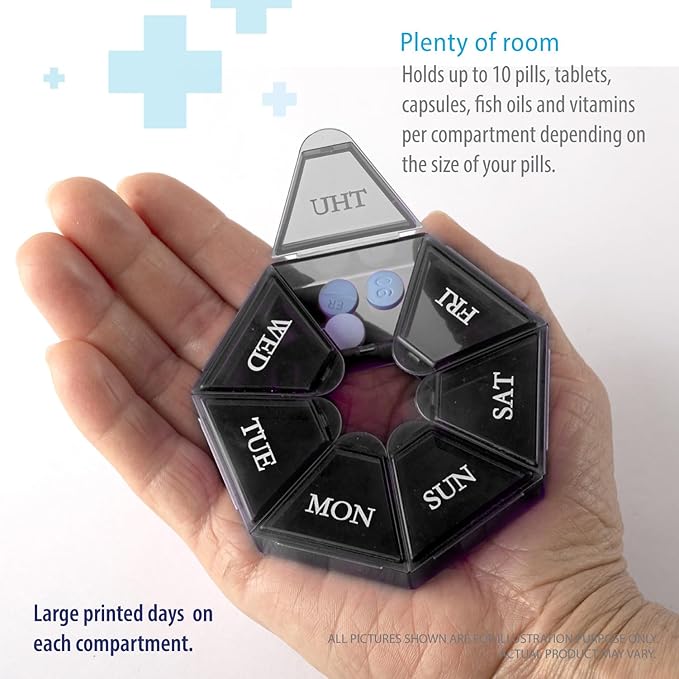 Deke Home - Small Weekly Pill Organizer (2 Pack), Round Pill Dispenser for Travel, Mini Pill Organizer, Compact Medicine Holder, Pill Sorters 7 Days, Portable Vitamin Container, BPA Free (Food Grade)