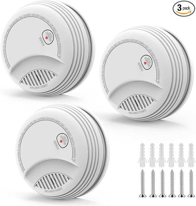3 Pack Smoke Detector, Photoelectric Sensor Battery-powered Fire Smoke Alarm, LED warning light 85 dB alarm sound, low battery warning, mute and test buttons, suitable for living rooms, bedrooms, etc.