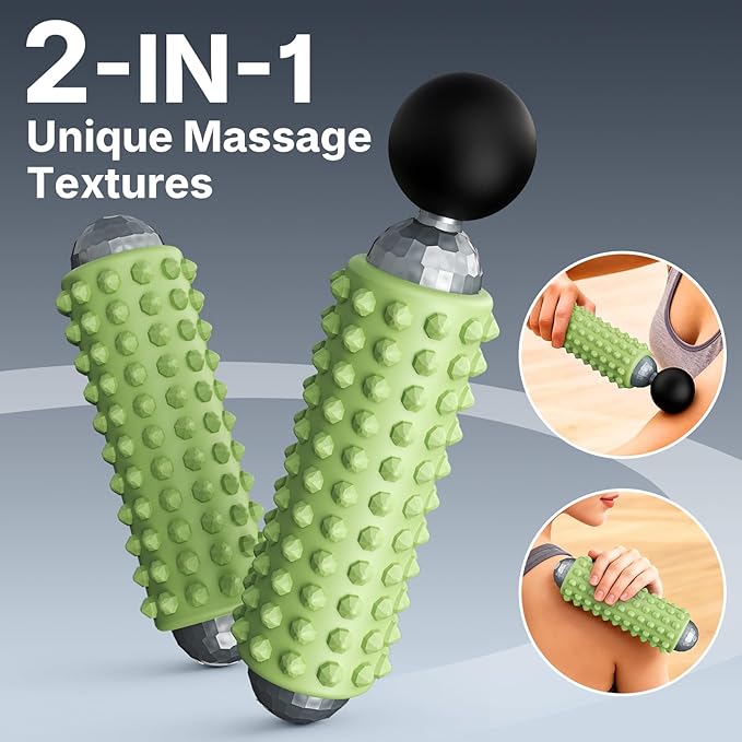 Mini Electric Massage Roller 4 Speeds Vibrating Massage Ball, 2-in-1 Portable Muscle Massager Gun & Roller for Muscle Relief, Detachable Heads, Rechargeable, For Fitness, Office, Travel (Green)