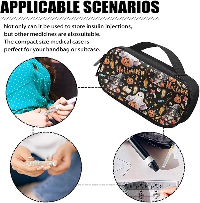 Halloween Ghost Pumpkin Insulin Cooler Diabetic Carrying Case, Travel Medicine Decor Bag with Handle, Portable Diabetic Kits Storage Bag for Glucose Meter Insulin Pens and Accessories