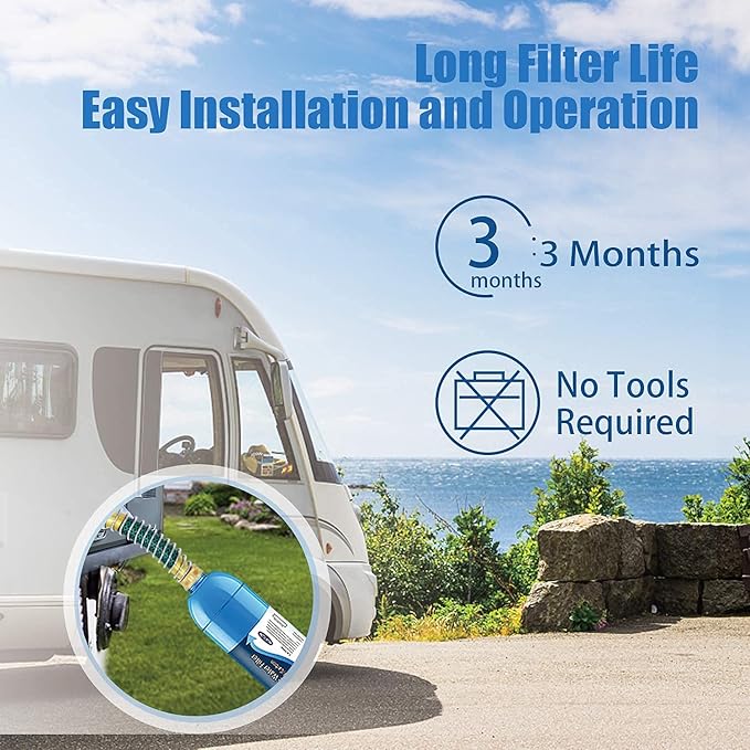 2 Packs of RV Inline/Marine Water Filter With Flexible Hose Protector, NSF Certified, Dedicated for Gardening, RVs, Campers, Trailer, Compatible with 40043 KDF Filter