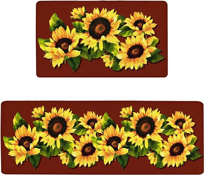 Anti Fatigue Kitchen Rugs Set of 2, Sunflower Kitchen Mats for Floor, Sunflower Kitchen Decor, Anti-Slip and Anti-Fatigue Foam Standing Mat, 17x30 Inch Sink Mat+17x47 Inch Runner Rug Brown
