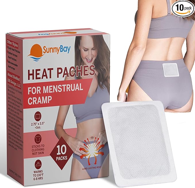 SunnyBay Heat Patches for Menstrual Cramp, Air-Activated Adhesive Heat Pads for Period, 130 F Warmth up to 8 Hours, Stick to Clothing Not Skin, 2.75 x3.5 inches, 10-Count