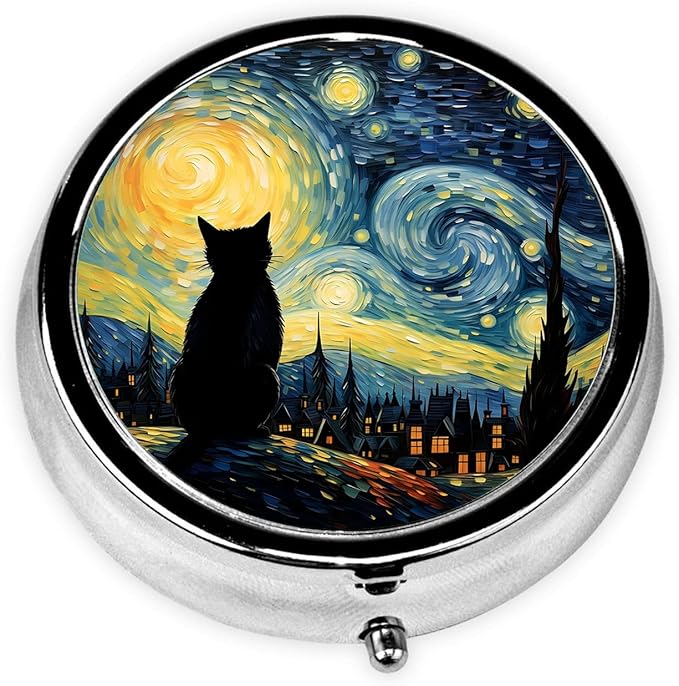 Starry Night Pill Box 3 Compartment Small Pill Case,Portable for Pocket or Purse Pill Organizer Pill Container Holder with Mirror to Hold Vitamins, Medication, Fish Oil and Supplements