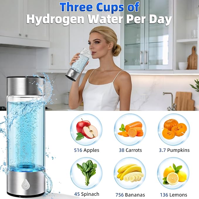 Hydrogen Water Bottle Generator 3 in 1, Hydrogen Water Mark Up to 4000PPB, SPE/PEM Tech-3 Min Hydrogen Rich for Drinking and Inhalation, Auto Clean, Portable for Home Gym Office Travel (16OZ,Sliver)
