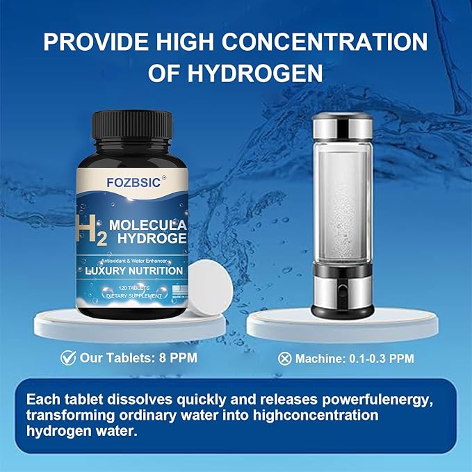 Hydrogen Water Tablets with Magnesium - H2 Molecular Tabs for Drinking Water, Non-GMO, Gluten-Free and Vegan - Supports Energy - 120 Count (60 Servings)