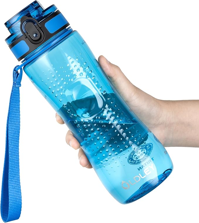 OLDLEY 25 oz Water Bottle, Motivational Water Bottle with Time Marker, Sports Water Bottle With Strap, Leakproof & BPA Free Large Water Bottles for School, Gym, Travel, Outdoor, Transparent-Blue