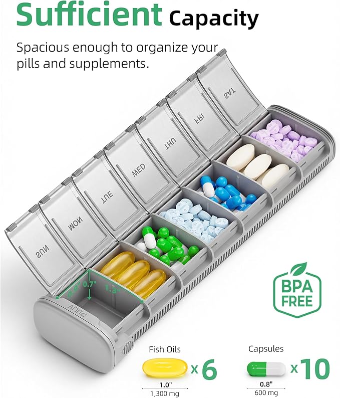 PULIV Metal Weekly Pill Organizer with Sturdy & Sleek Aluminum Alloy Case, Pill Case with Triple Protection Against Spilling, Compact Travel Pill Box 7 Day for Vitamins, Fish Oil, Supplements, Silver