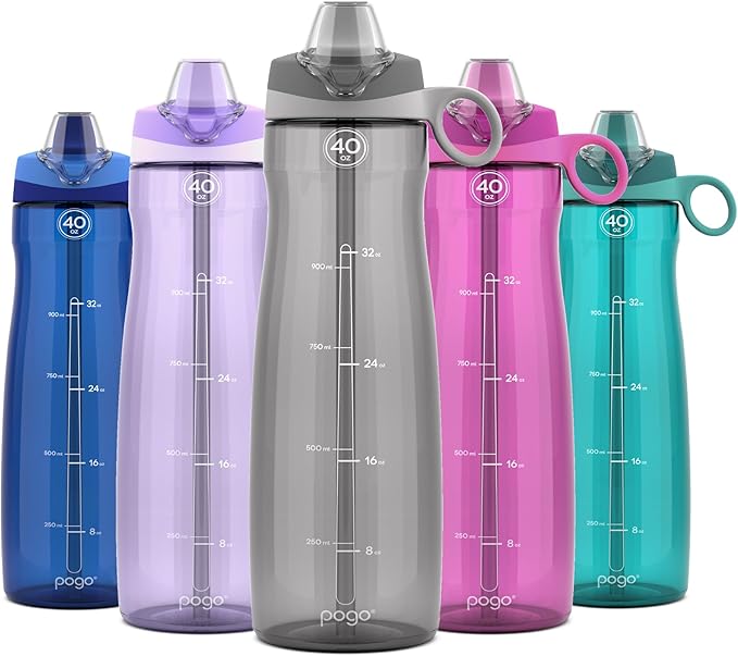 Pogo Plastic Water Bottle with Straw Lid and Carry Handle, Reusable, BPA Free, Dishwasher Safe, Perfect for Travel, School, Outdoors, and Gym | 32oz, 40oz