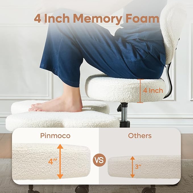Ergonomic Cross Legged Chair, 360° Swivel Meditation Chair with Wheels, Height Adjustable Seat for ADHD, Strong Lumbar Support, Chic Home Office Furniture, Teddy Fabric, Off White