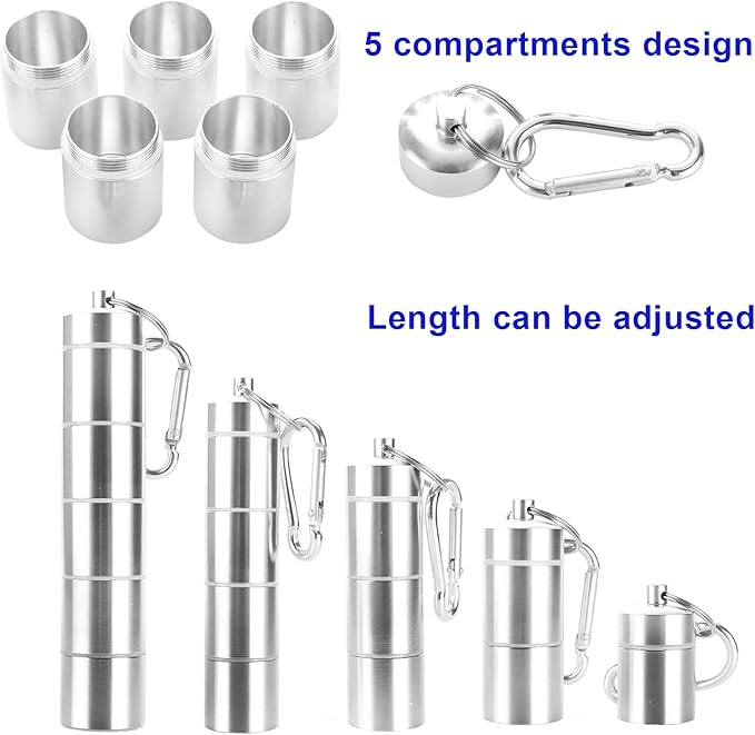 Pocket Pill Case, Portable Pill Box, Messar 5 Compartments Aluminum Alloy Pill Holder Waterproof Medicine Organizer Pill Bottle Pill Container with Keychain & Carabiner for Travel Camping (2 Pcs)