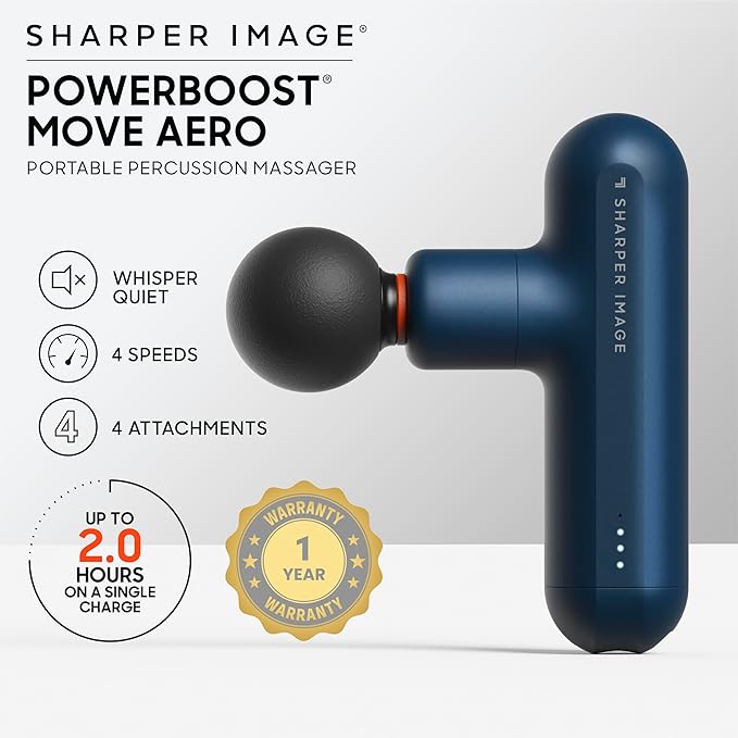 Sharper Image Powerboost Move Aero [New 2026 Version] Mini Deep Tissue Percussion Massage Gun| Muscle Recovery & Pain Relief Massage Tool| Full Body Back & Shoulder Massager| Gift for Men Women