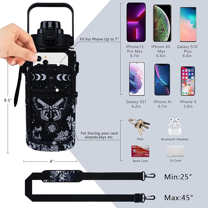 Goth Moon 64 oz Water Bottle with Sleeve - BPA-Free, Leakproof, Time Marker & Flip Top Lid - Motivational for Halloween Spooky Gifts for Women (Christmas, Birthday)