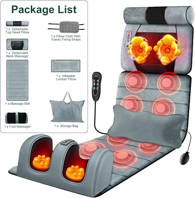 Full Body Massage Mat with Heat, 10 Vibration Nodes Massage Chair Pad with 3 Heating Levels , Multifunctional Full Body Relaxation Seat Back Massager with Head Neck Foot Massage Pillow for Home Office