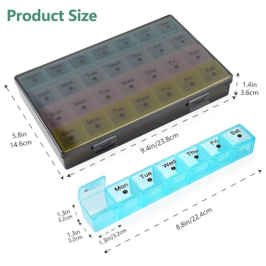Monthly Pill Organizer 28 Day, 4 Weeks Pill Box 7 Day, XL Weekly Medicine Organizer for Vitamins, Fish Oil, Supplements (Multicolor+Black)