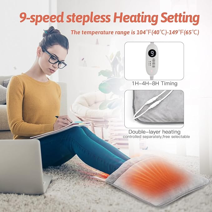 Double Sided Electric Foot Warmer with Machine Washable & 8 Hrs Timer, Feet Heating Pads Non-Slip,Electric Heated Warmers for Bed,Under Desk,Office,Home,Christmas Gifts,Grey,20''*20