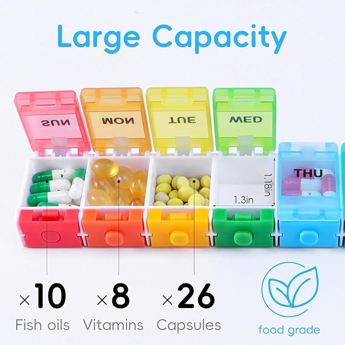 Weekly Pill Organizer, 7 Day Medicine Box with Push Button Design, BPA Free Travel Pill Box Case with Spring Open Design and Large Capacity for Vitamins and Supplements, Rainbow Colors