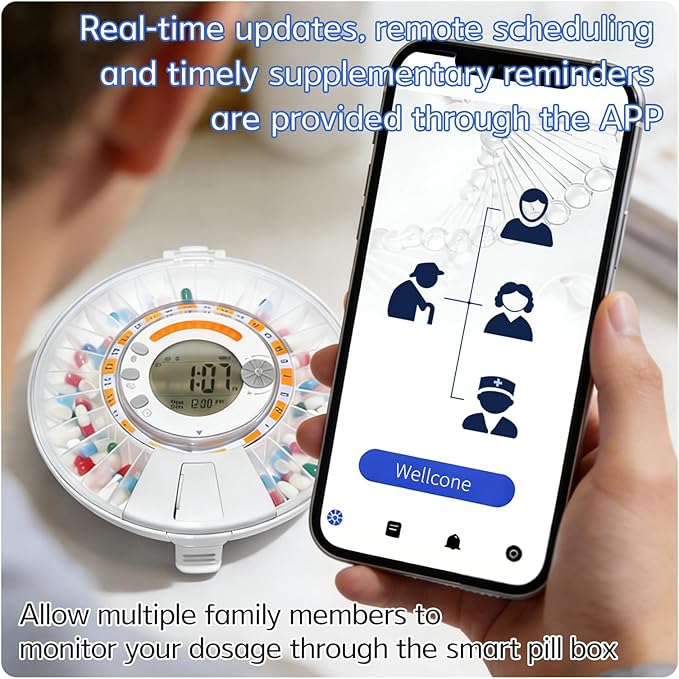 Automatic Pill Dispenser for Elderly with Alarm - WiFi App Monitoring - 28 Day Medication Organizer for Care Monitoring with Lock Key, Light/Sound Alarms for Prescriptions & Vitamins