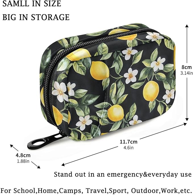 Fustylead Watercolor Lemon and Flower on Black Background Pill Organizer Case with Zipper 2 Times A Day for Vitamin and Supplement, 7 Day Travel Organizer Medicine Case
