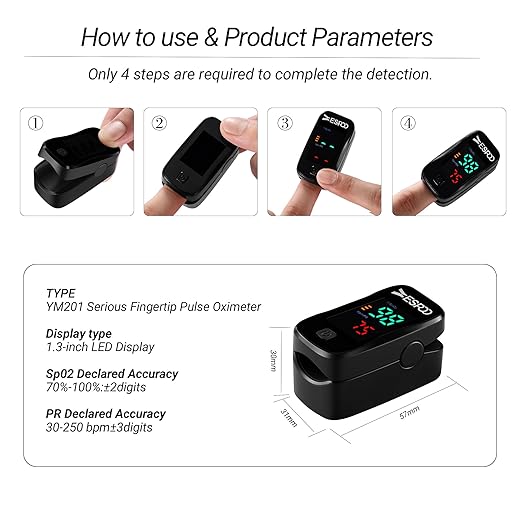 ESPOO Fingertip Pulse Oximeter, Blood Oxygen Saturation Monitor (SpO2) & Pulse Rate Monitor with LED Display, Portable Oxygen Monitor, Includes Batteries & Lanyard(BLACK)